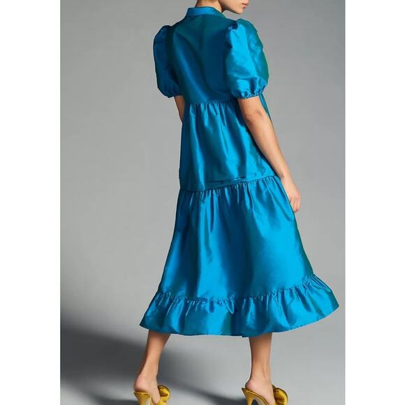 Dhruv Kapoor Puff Sleeve Midi Dress XXS Blue Metallic Tiered Pockets Cocktail - Picture 3 of 14